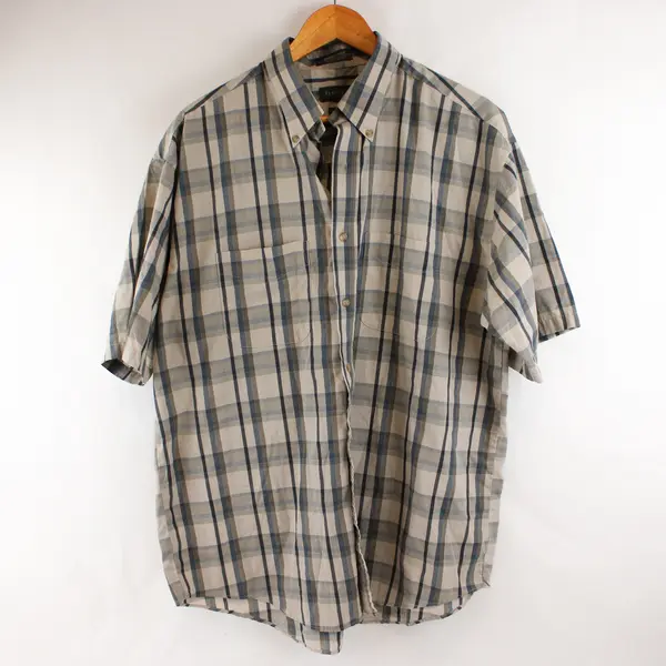 Van Heusen Blue Green Beige Plaid Short-Sleeved Button-Down Men's Large 16-16.5