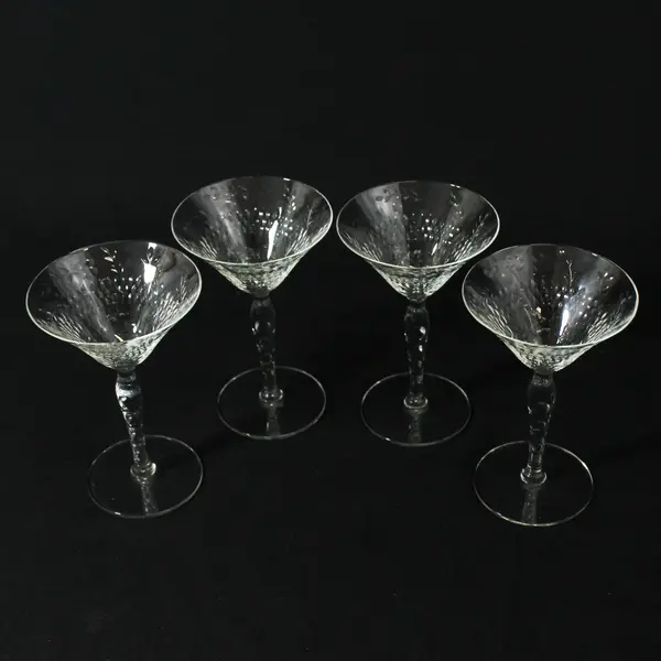 Set of 4 Crystal Paneled Sherry Glasses Diamond Band & Long Stemmed Flowers 5"