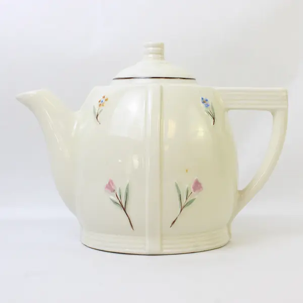 Vintage Porcelier Vitreous China Art Deco Teapot Embossed Flowers 8.5in
