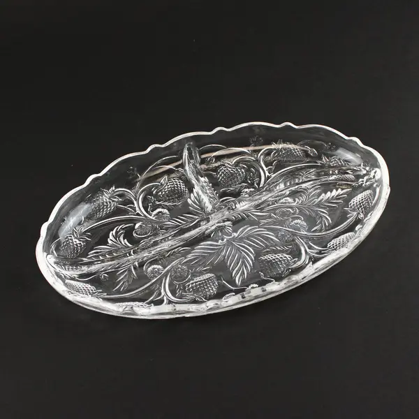 Unbranded Strawberry Patterned Pressed Clear Glass Relish/Candy Dish 8.75" Long