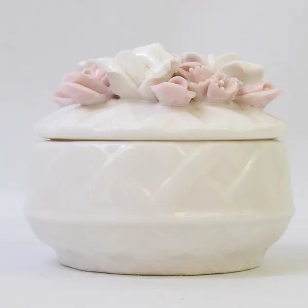 Vintage White Ceramic/Porcelain Trinket Box Hand-Painted Pink & White Flowers