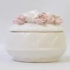 Vintage White Ceramic/Porcelain Trinket Box Hand-Painted Pink & White Flowers