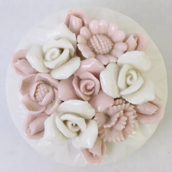 Vintage White Ceramic/Porcelain Trinket Box Hand-Painted Pink & White Flowers