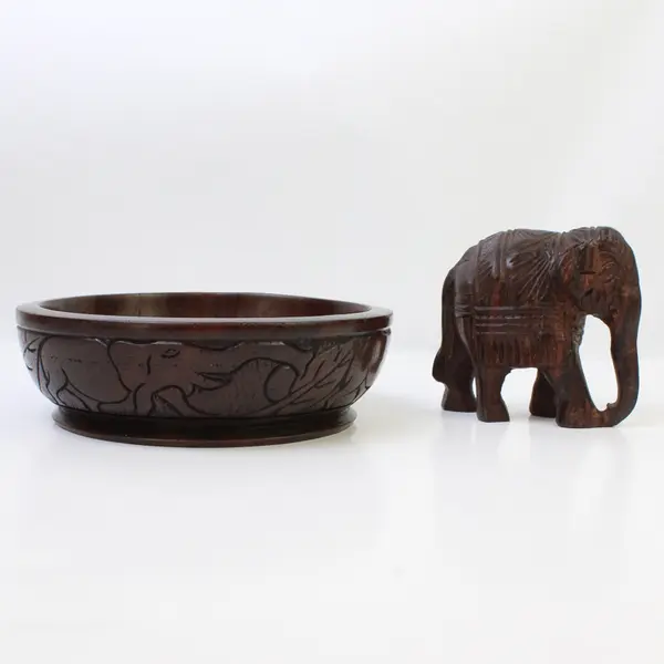 Hand-Carved Wooden Elephant and Matching Wooden Bowl Set - Rustic