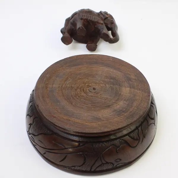 Hand-Carved Wooden Elephant and Matching Wooden Bowl Set - Rustic