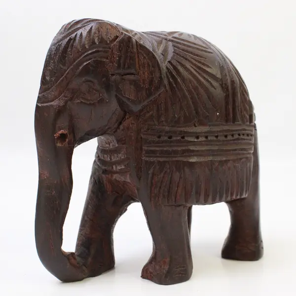 Hand-Carved Wooden Elephant and Matching Wooden Bowl Set - Rustic