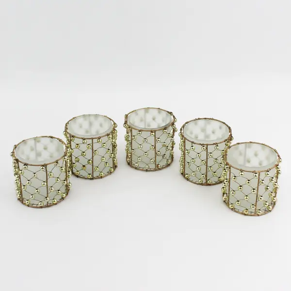 Set of 5 Beaded Brass Mesh Votive Candle Holders With Frosted Glass Inserts