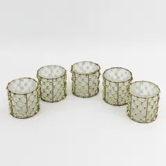 Set of 5 Beaded Brass Mesh Votive Candle Holders With Frosted Glass Inserts