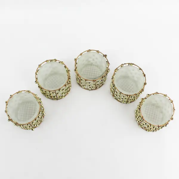 Set of 5 Beaded Brass Mesh Votive Candle Holders With Frosted Glass Inserts