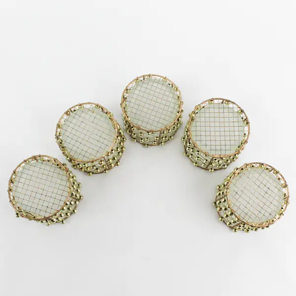 Set of 5 Beaded Brass Mesh Votive Candle Holders With Frosted Glass Inserts