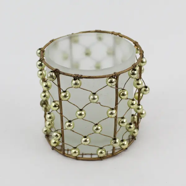 Set of 5 Beaded Brass Mesh Votive Candle Holders With Frosted Glass Inserts
