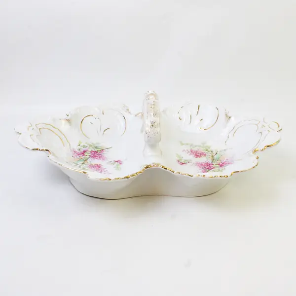 Vintage Divided Porcelain Serving Dish Gold Trim Pink Floral 14.5x10in