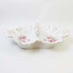 Vintage Divided Porcelain Serving Dish Gold Trim Pink Floral 14.5x10in