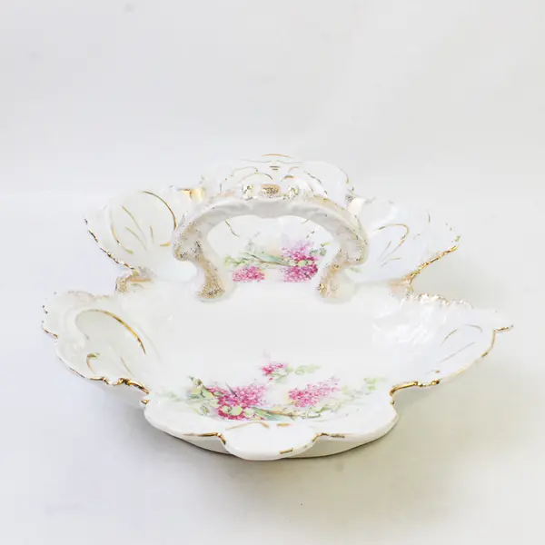Vintage Divided Porcelain Serving Dish Gold Trim Pink Floral 14.5x10in