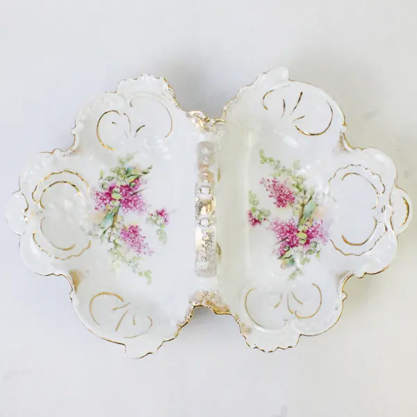 Vintage Divided Porcelain Serving Dish Gold Trim Pink Floral 14.5x10in