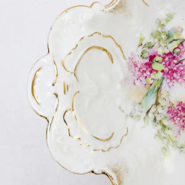 Vintage Divided Porcelain Serving Dish Gold Trim Pink Floral 14.5x10in