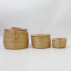 VTG Set of 3 Miniature Straw Nesting Baskets with Floral Accents