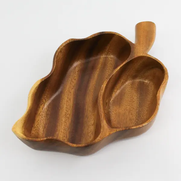 Genuine Hawaiian Monkey Pod Divided Wood Serving Bowl Leaf Shaped 10.5" Long