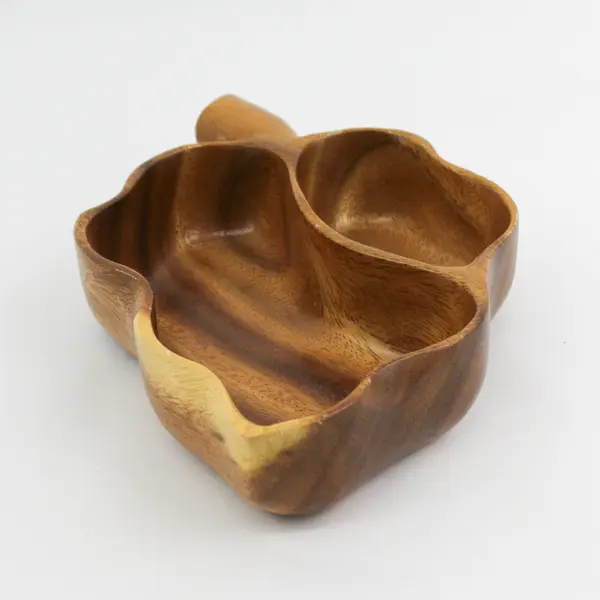 Genuine Hawaiian Monkey Pod Divided Wood Serving Bowl Leaf Shaped 10.5" Long