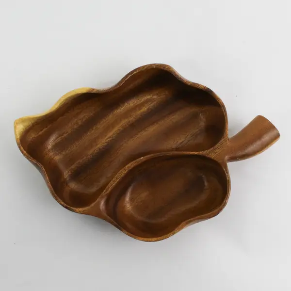 Genuine Hawaiian Monkey Pod Divided Wood Serving Bowl Leaf Shaped 10.5" Long