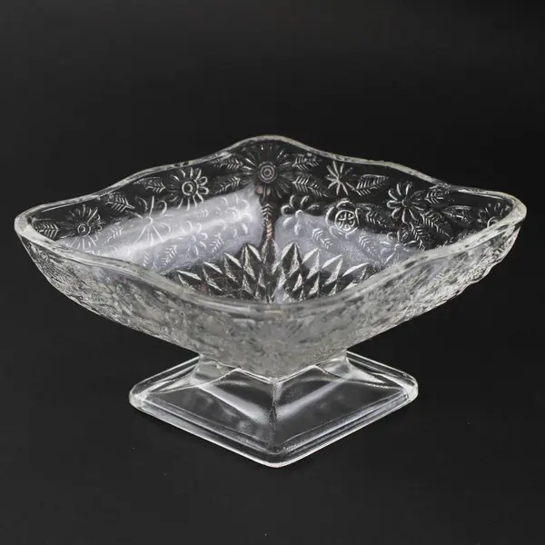 Indiana Glass Pineapple and Floral Pattern Clear Glass Diamond Shape Compote