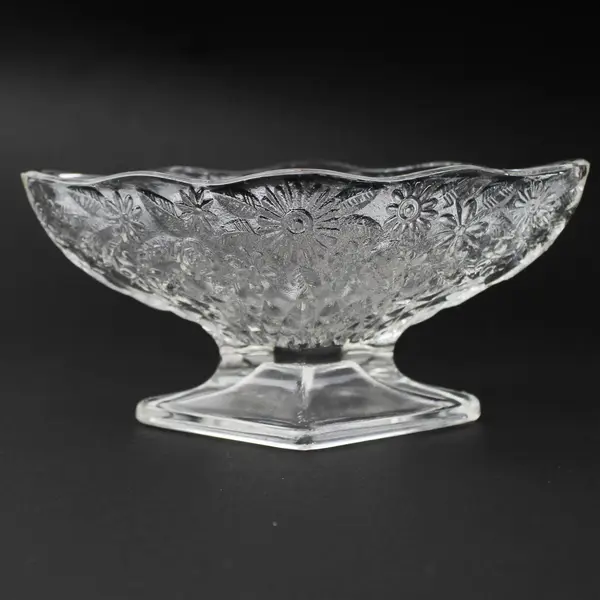 Indiana Glass Pineapple and Floral Pattern Clear Glass Diamond Shape Compote