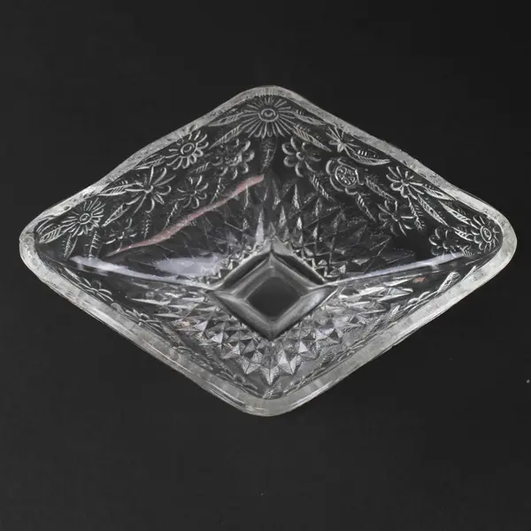 Indiana Glass Pineapple and Floral Pattern Clear Glass Diamond Shape Compote
