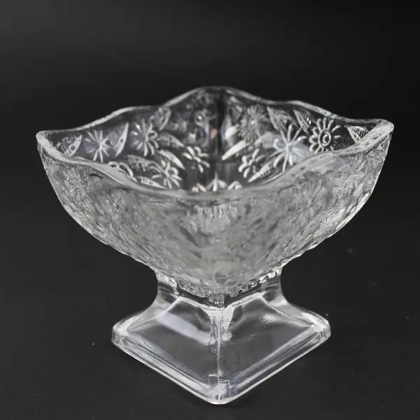 Indiana Glass Pineapple and Floral Pattern Clear Glass Diamond Shape Compote