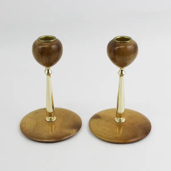 2 Vintage Oregon Myrtle Wood Taper Candle Holders with Brass Stems MCM