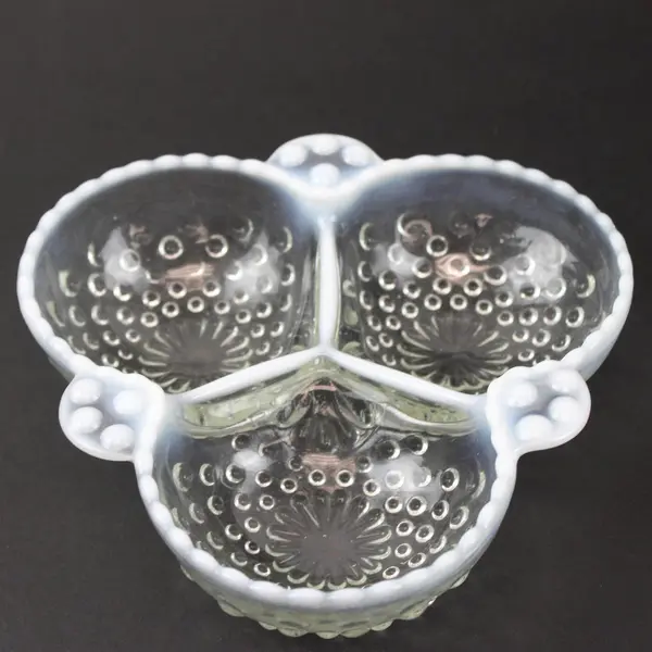 Anchor Hocking Glass Hobnail French Opalescent  6.5" Clover Shape 3 Part Relish
