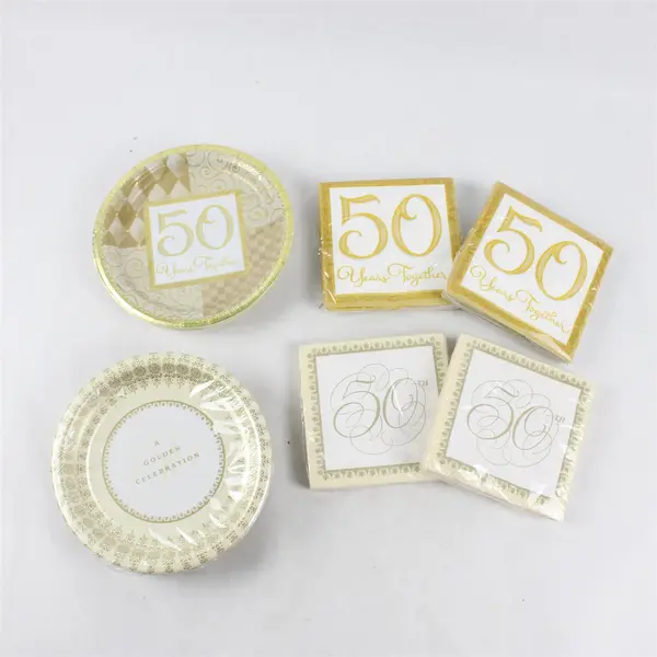 Lot of Assorted 50th Anniversary Paper Plates & Napkins - Gold New