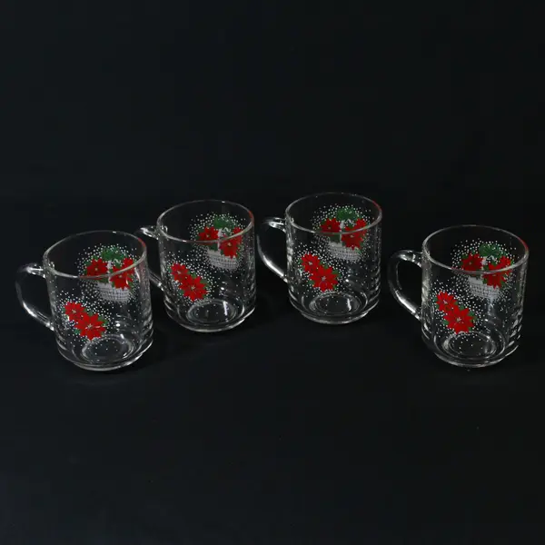 Set Of 4 LUMINARC Poinsettia Basket Clear Glass Christmas Coffee  Mugs   