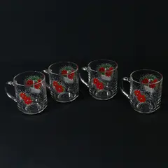 Set Of 4 LUMINARC Poinsettia Basket Clear Glass Christmas Coffee  Mugs   