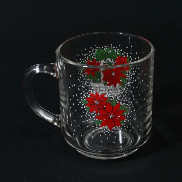 Set Of 4 LUMINARC Poinsettia Basket Clear Glass Christmas Coffee  Mugs   