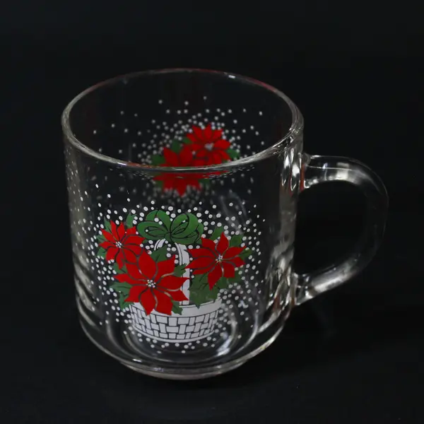 Set Of 4 LUMINARC Poinsettia Basket Clear Glass Christmas Coffee  Mugs   