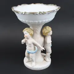 Unbranded Pastel Colored 3 Cherubs Bisque Porcelain Centerpiece 9.5" Tall
