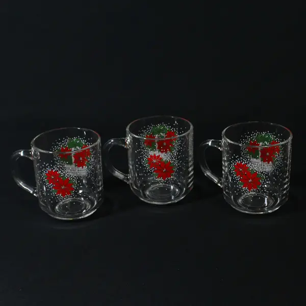 Set Of 3 LUMINARC Poinsettia Basket Clear Glass Christmas Coffee  Mugs   