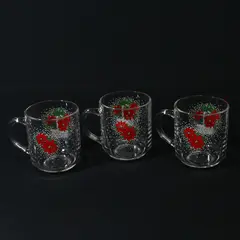 Set Of 3 LUMINARC Poinsettia Basket Clear Glass Christmas Coffee  Mugs   