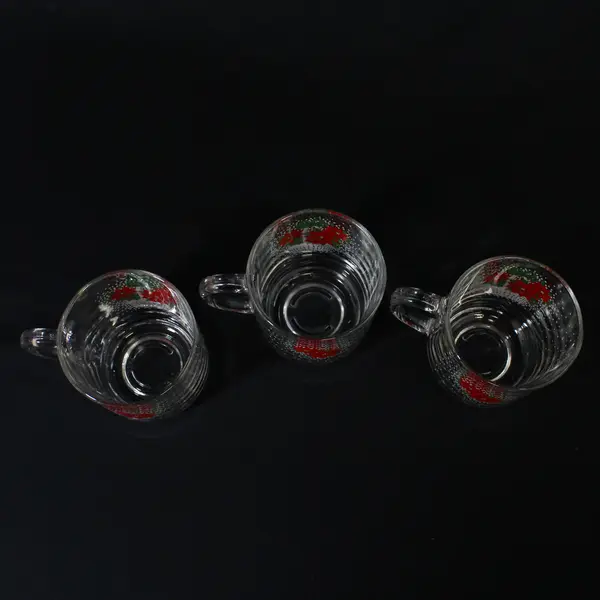 Set Of 3 LUMINARC Poinsettia Basket Clear Glass Christmas Coffee  Mugs   