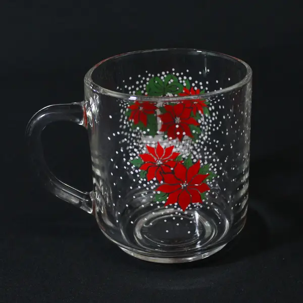 Set Of 3 LUMINARC Poinsettia Basket Clear Glass Christmas Coffee  Mugs   