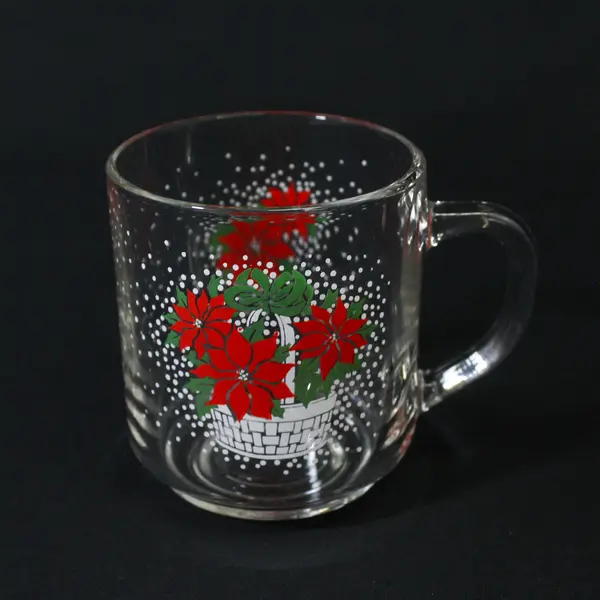 Set Of 3 LUMINARC Poinsettia Basket Clear Glass Christmas Coffee  Mugs   
