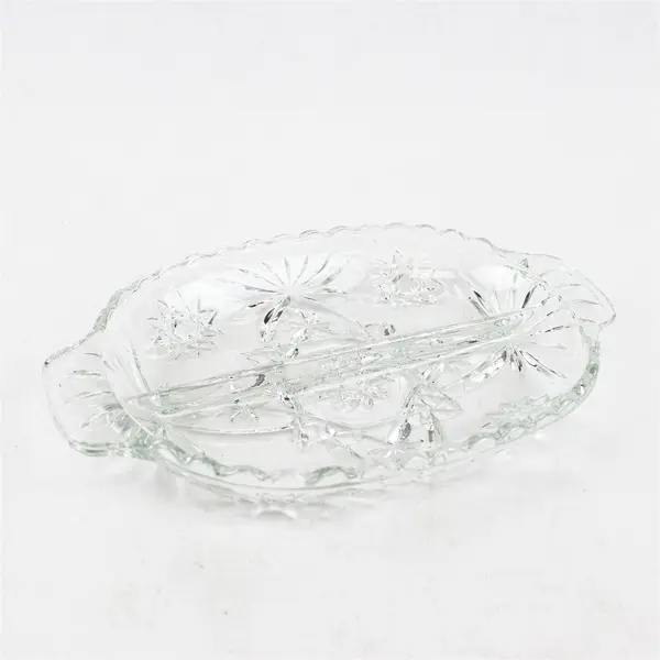 Vtg Anchor Hocking Prescut Stars Fans Clear Glass 2 Part Divided Relish Dish