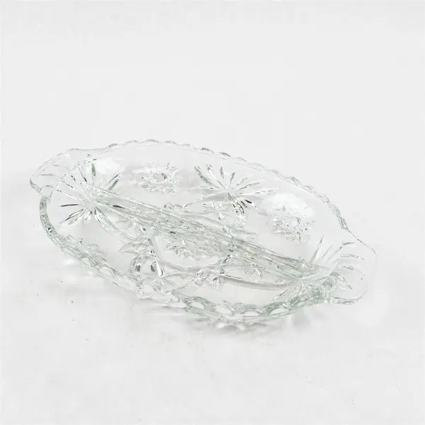 Vtg Anchor Hocking Prescut Stars Fans Clear Glass 2 Part Divided Relish Dish