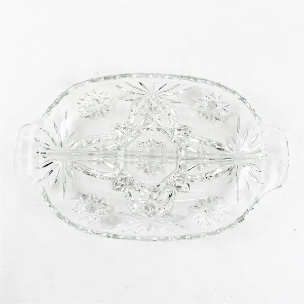 Vtg Anchor Hocking Prescut Stars Fans Clear Glass 2 Part Divided Relish Dish