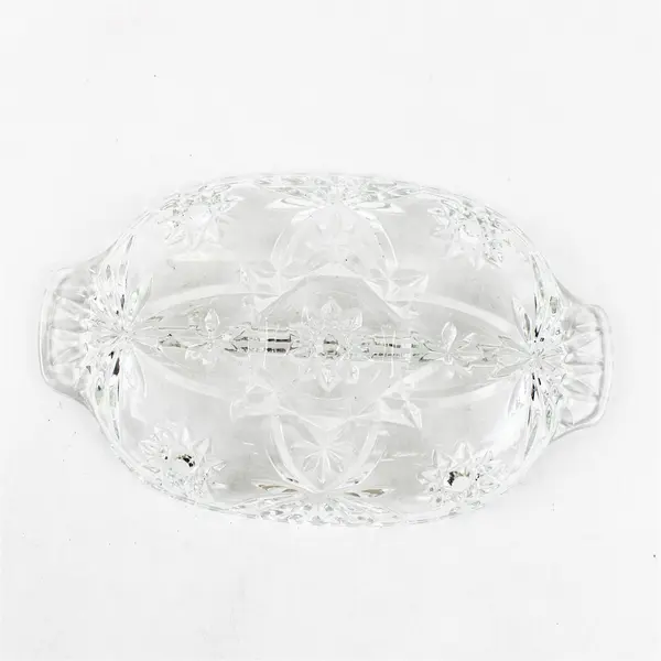 Vtg Anchor Hocking Prescut Stars Fans Clear Glass 2 Part Divided Relish Dish