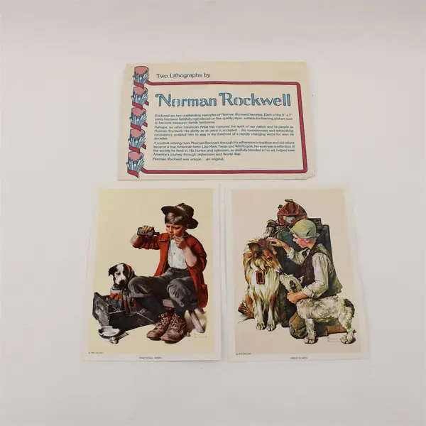 Set Of 2 Vintage Norman Rockwell 5X7 Lithograph Prints Child With Dogs