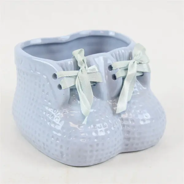 Vintage Light Blue Ceramic Baby Shoes Planter
