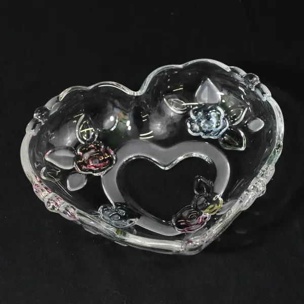 Heart Shaped Glass Bowl Embossed Pink And Green Roses Etched Leaves