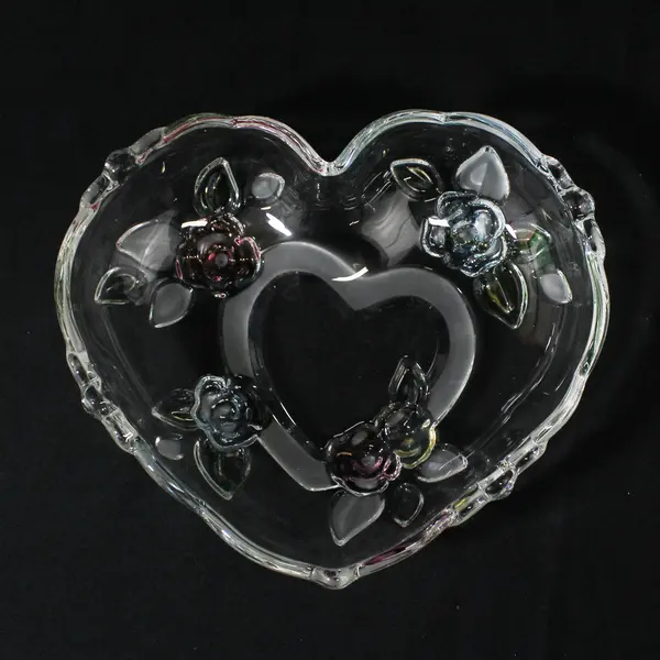 Heart Shaped Glass Bowl Embossed Pink And Green Roses Etched Leaves