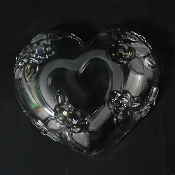 Heart Shaped Glass Bowl Embossed Pink And Green Roses Etched Leaves